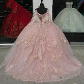 Ball Gown Off-Shoulder Long Sleeve 3D Floral Lace Applique Beaded Pink Tulle Quinceanera Dress Princess Evening Gown for Sweet 16 & Special Occasions